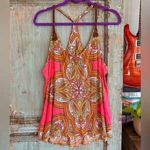 BeBop Beach Boho Paisley Beaded Strap Tank Top XL Pink & Orange